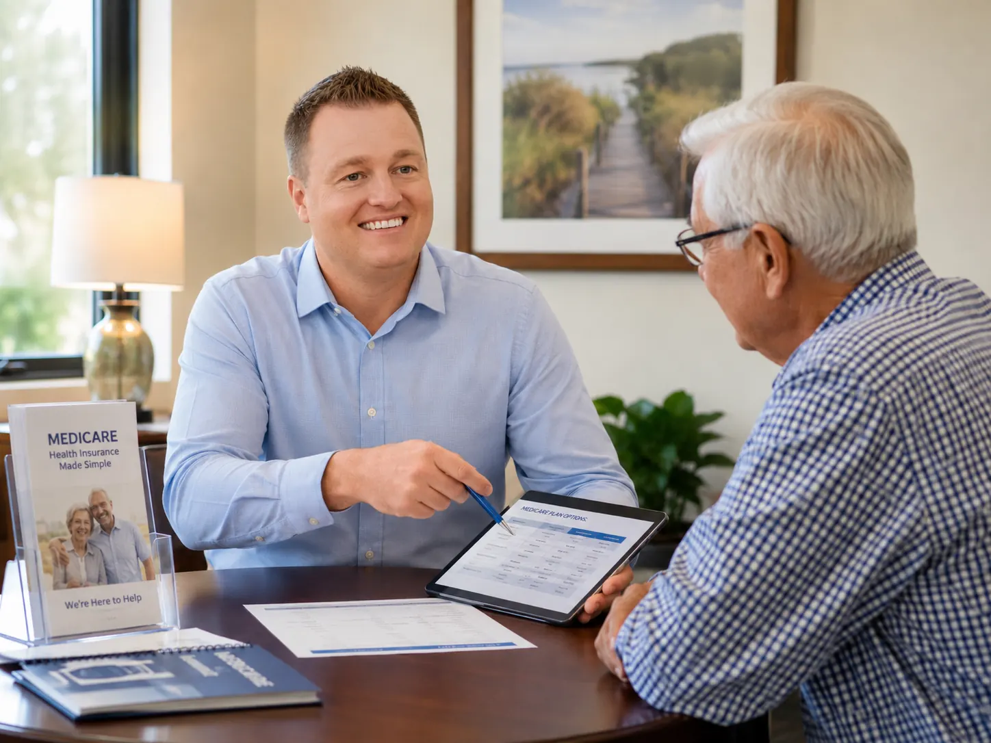 Tory Blain reviewing Medicare plan options with a client at Frontline Mutual Medicare in St. George, Utah
